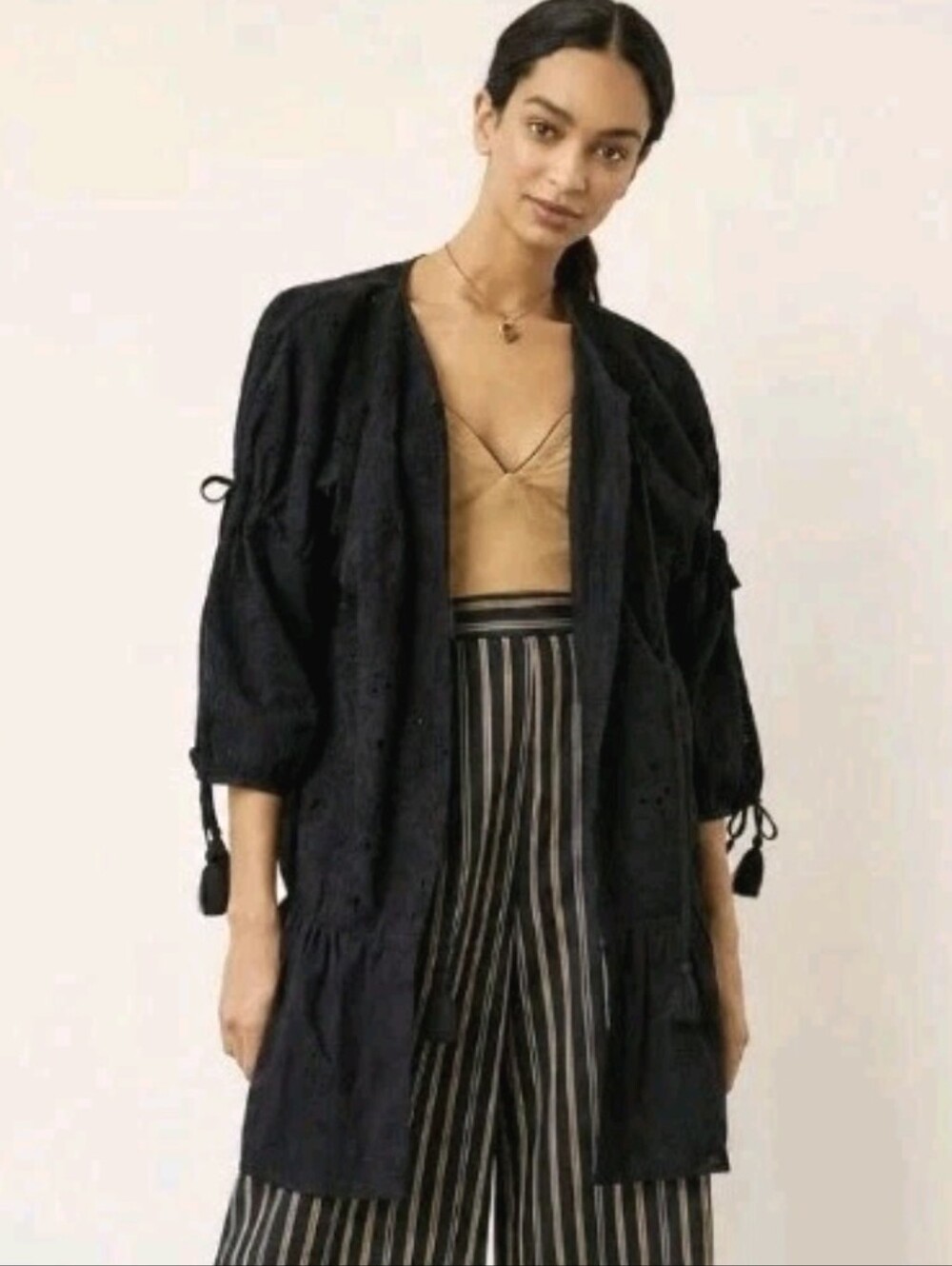 Anthropologie Maeve Eyelet Balloon-Sleeve Kimono Black Boho O/S $128 NWT